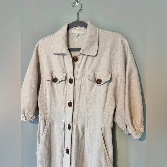 Divine‎ Heritage Princess Cotton Linen Cargo Puff Sleeve Jumpsuit Tan Size Small - Picture 7 of 11